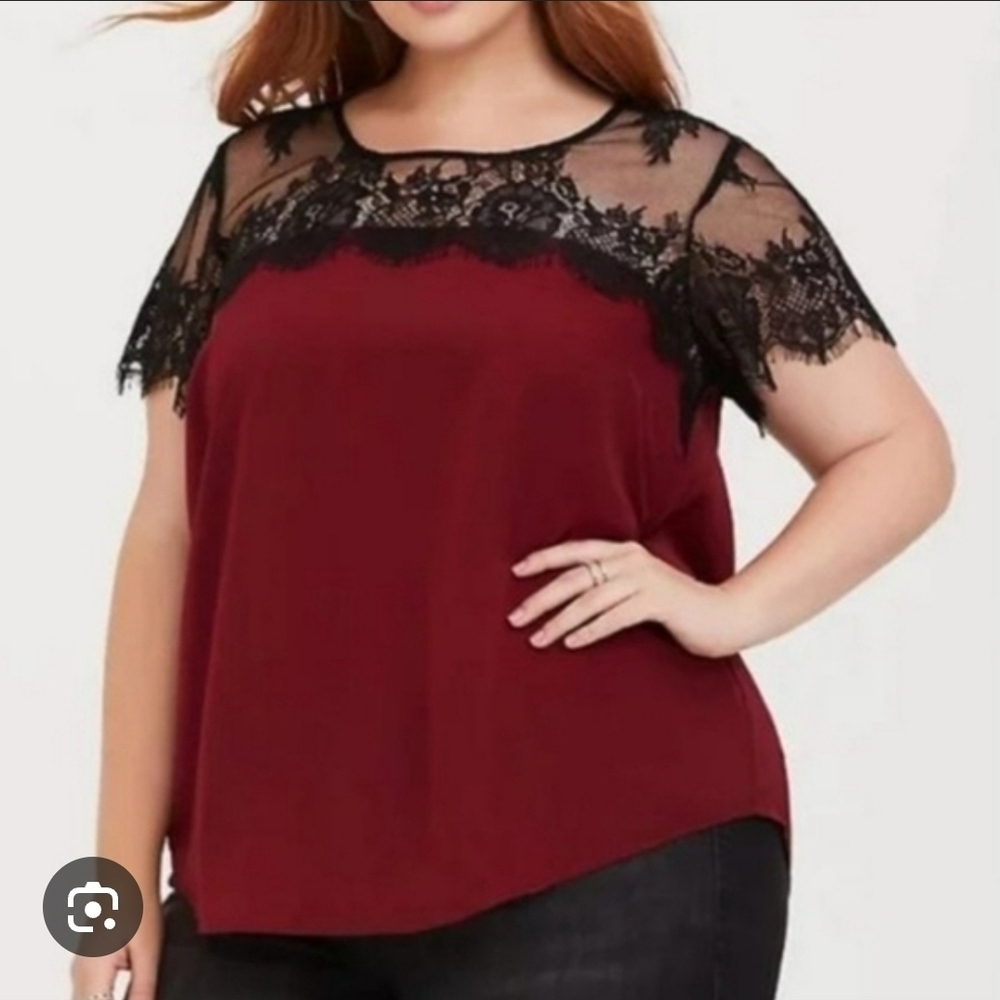 Torrid Burgundy Top with Black Lace Detail
